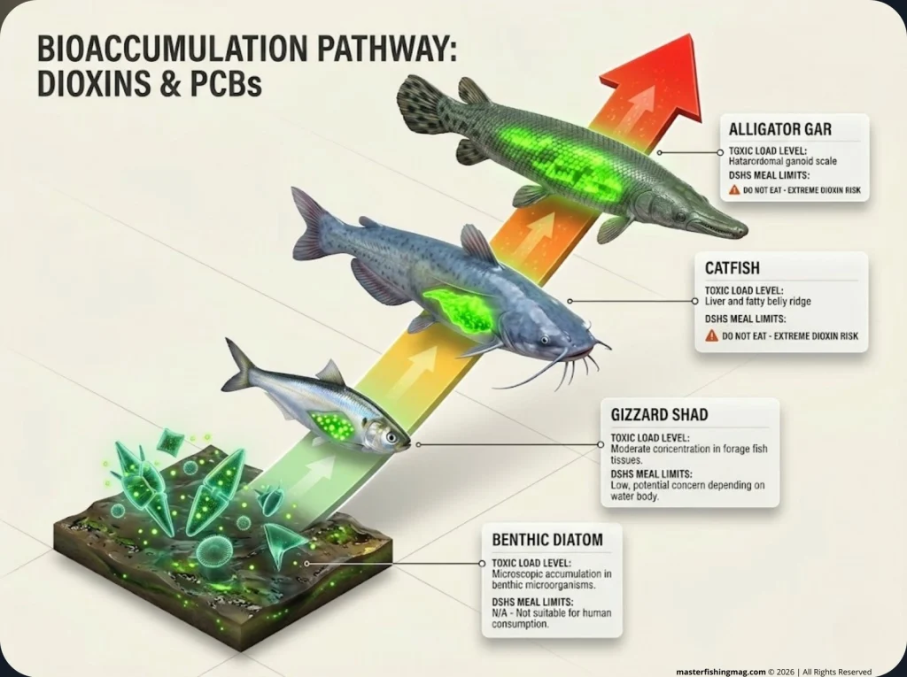 Infographic diagram showing Dioxin bioaccumulation from algae to alligator gar with DSHS toxicity risks