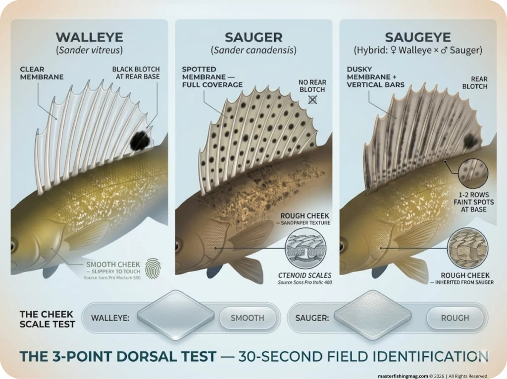 Infographic showing dorsal fin comparison of walleye, sauger, and saugeye with labeled patterns and cheek roughness test