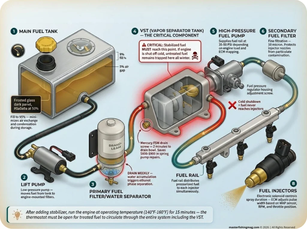 Infographic showing modern outboard EFI fuel delivery system anatomy with labeled components and VST drain location
