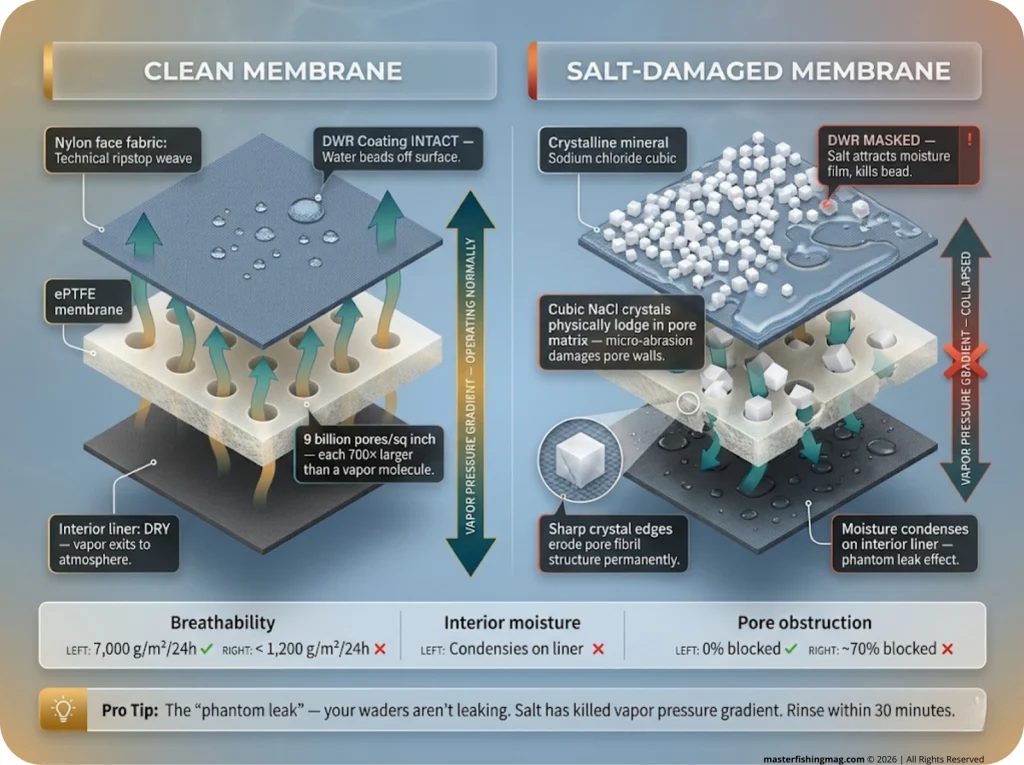 Infographic comparing clean vs salt-contaminated ePTFE membrane cross-sections with labeled pore blockage and vapor flow arrows