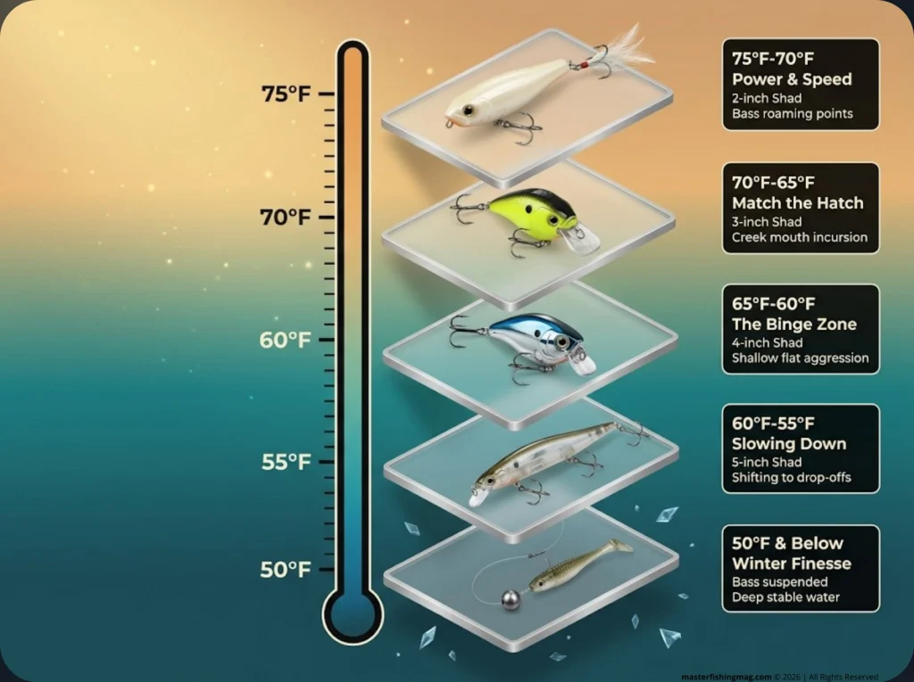 Infographic showing fall fishing lure ladder by temperature drops from 75 to 50 degrees with lure silhouettes and bass behavior changes