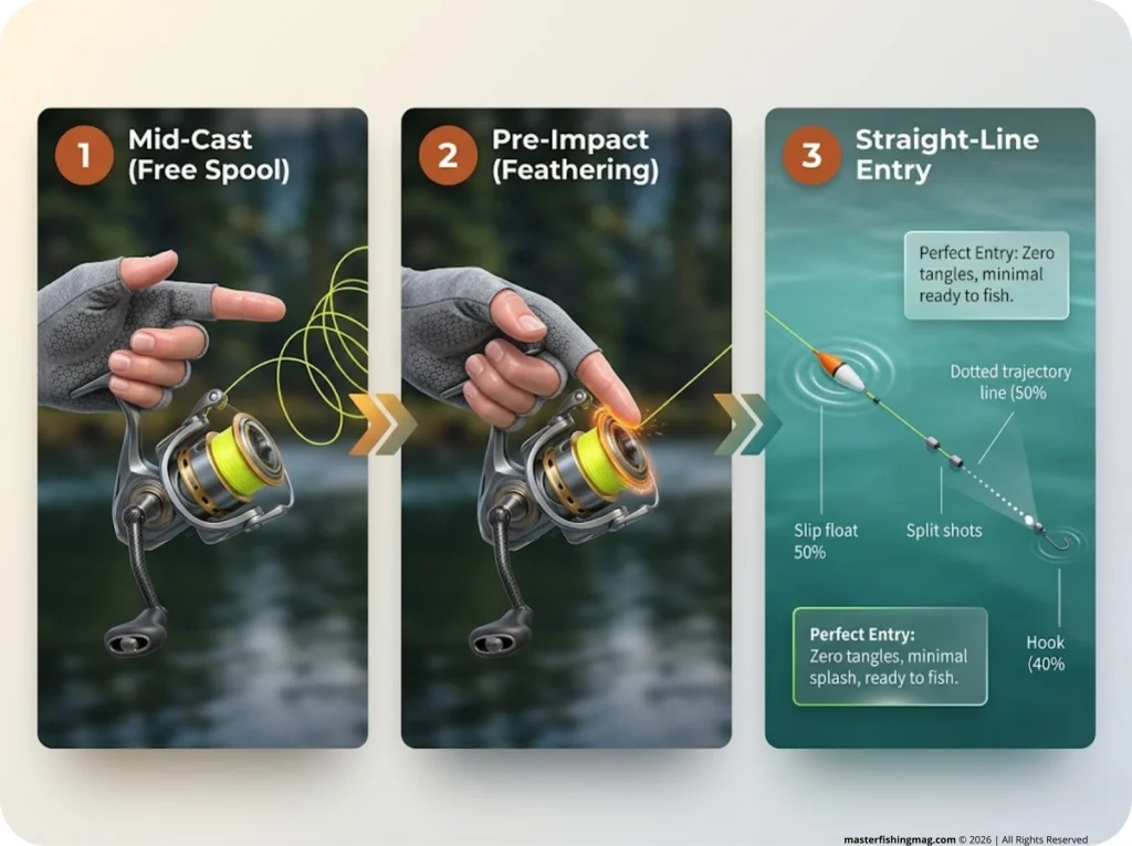 Infographic showing a three-step sequence of feathering a spinning reel spool with an index finger to straighten casting line