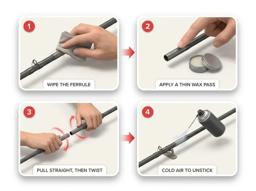 Infographic showing four numbered steps for fishing rod ferrule care including cleaning, waxing, separating, and unsticking
