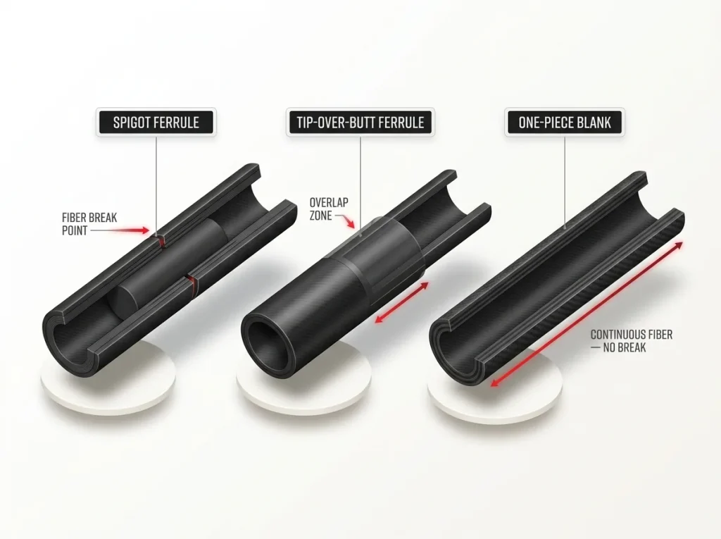 Infographic showing spigot vs tip-over-butt ferrule vs one-piece blank cutaway with labeled carbon fiber break points