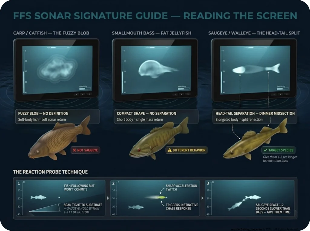 Infographic showing forward facing sonar signatures of carp, bass, and saugeye with identification tips and reaction probe technique