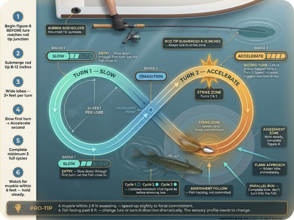 Overhead diagram of figure-8 muskie technique showing rod tip path, lobe width, speed zones, approach angles, and boat-side strike zones