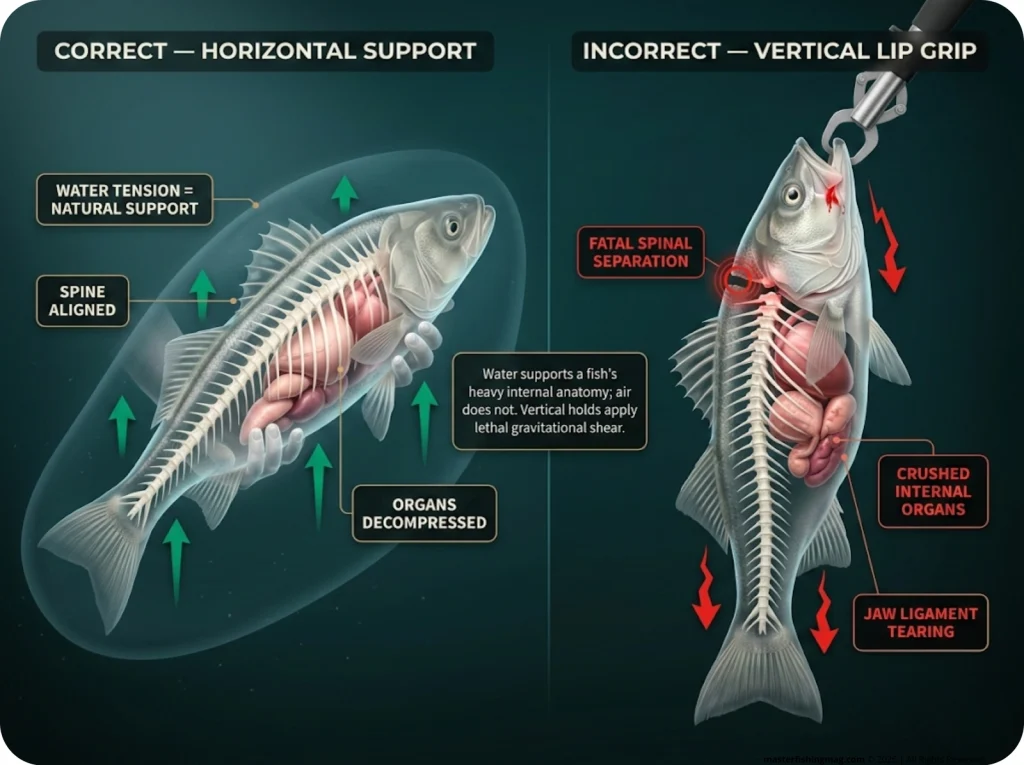 Infographic comparing safe horizontal fish handling vs dangerous vertical vertical lip-grip handling showcasing skeletal and organ compression