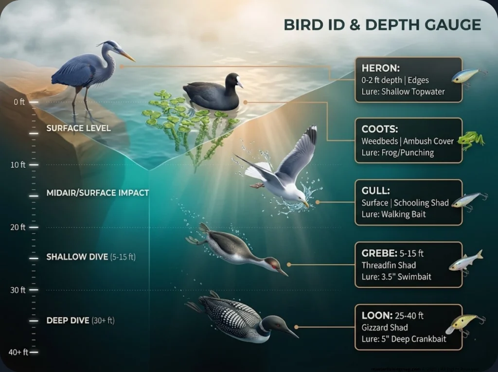 Infographic showing diving depths of five water birds with corresponding baitfish types, recommended lure sizes, and presentation depths