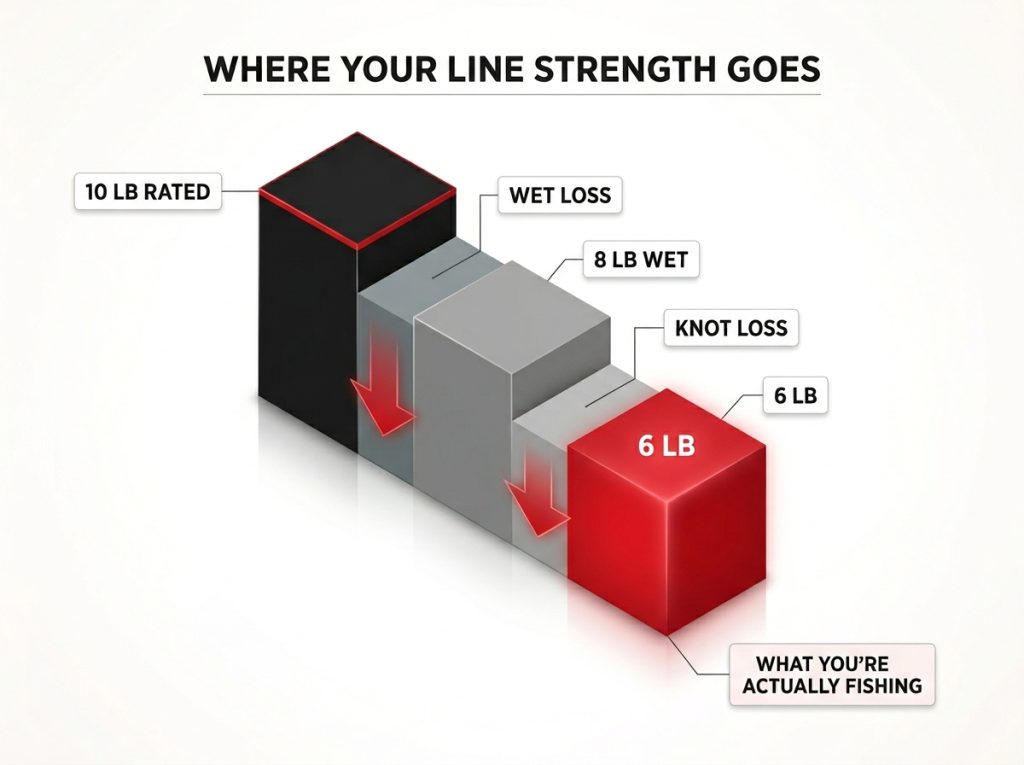 Bar chart showing fishing line strength dropping from 10 lb to 8 lb wet to 6 lb knotted real working strength
