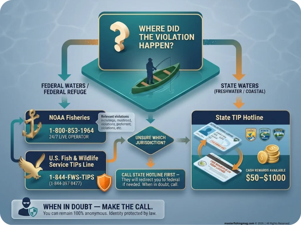 Flowchart infographic showing federal vs state fishing violation jurisdiction with hotline numbers at each decision endpoint
