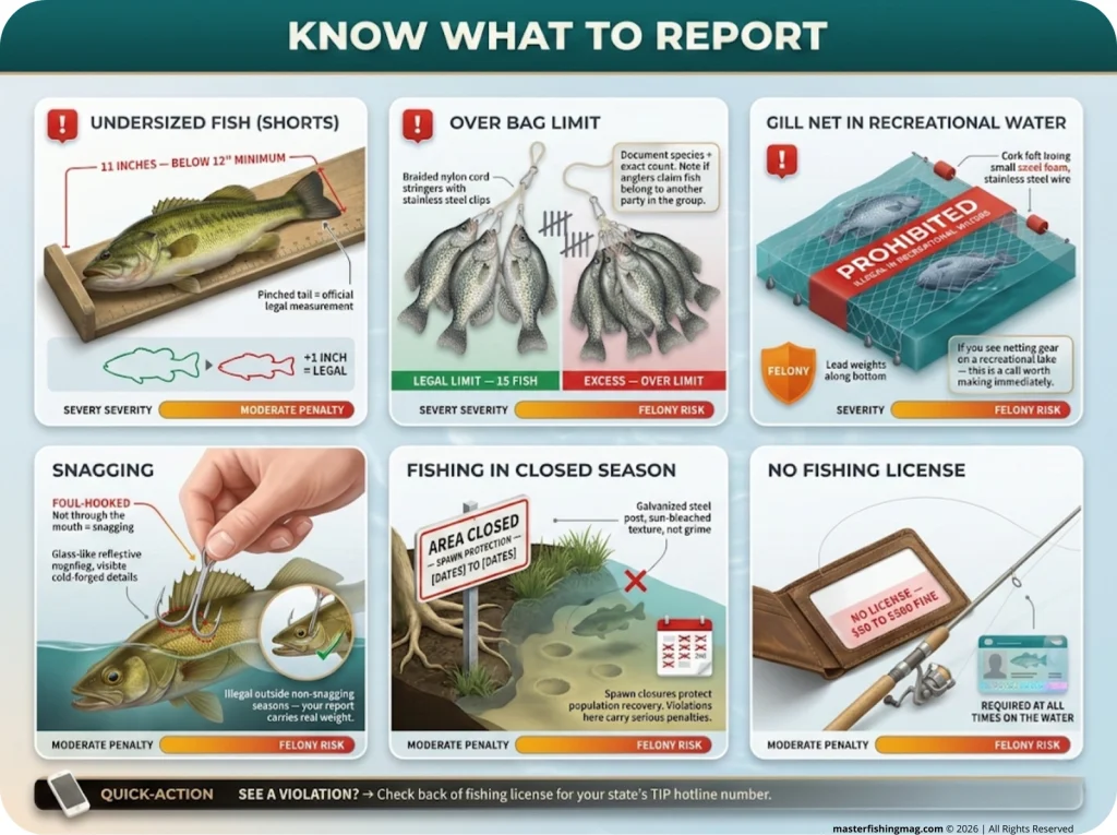 Infographic showing 6 common fishing violations with recognition icons, visual cues, and quick-ID indicators for anglers