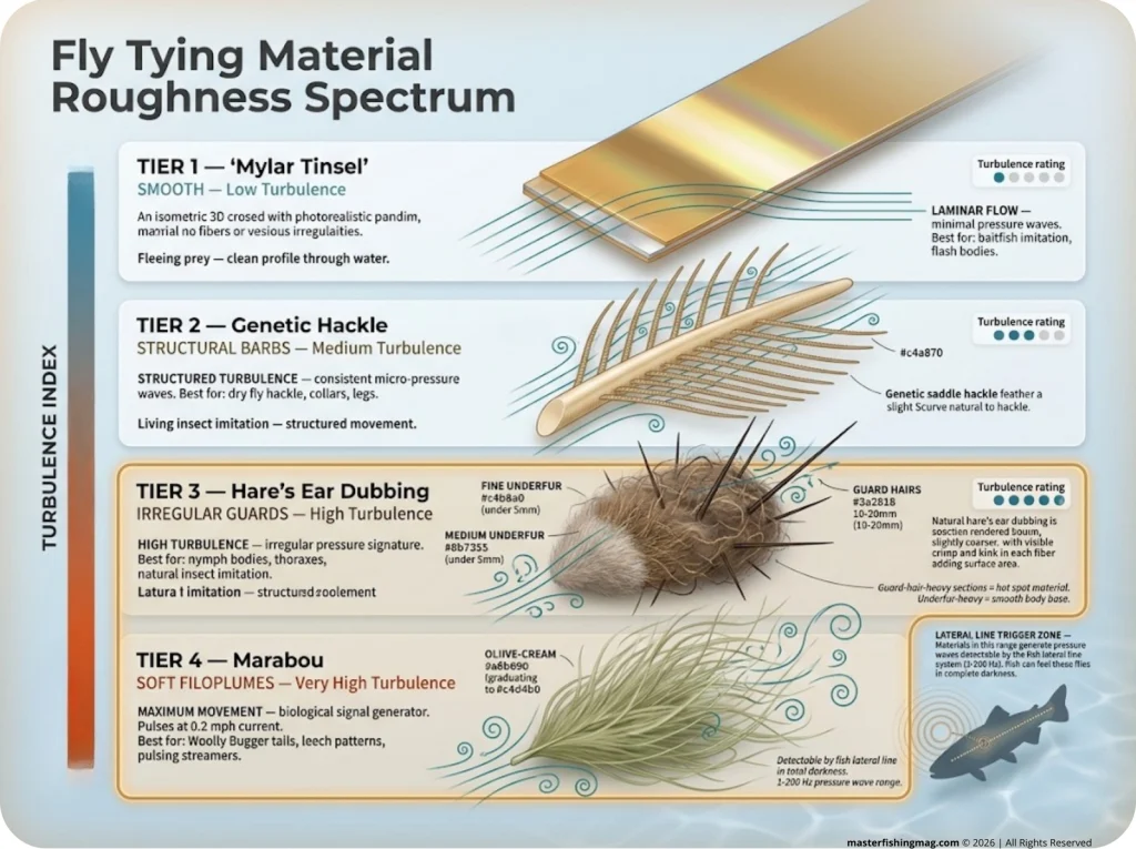 Infographic showing vertical roughness spectrum of fly tying materials with lateral line trigger zone and turbulence ratings