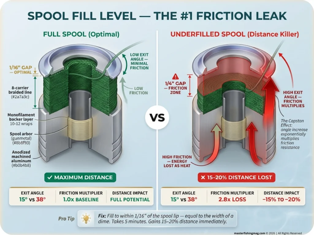 Infographic showing full vs underfilled spinning reel spool cross-sections with line exit angles, friction arrows, and distance loss data