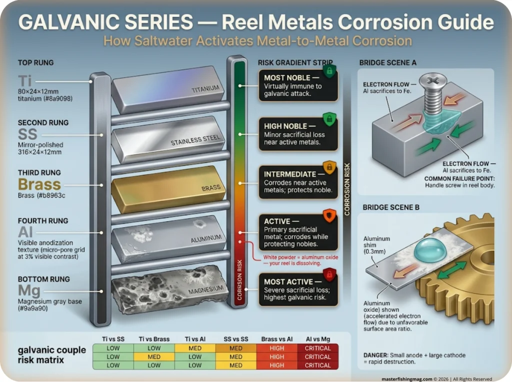 Infographic showing galvanic series ladder for reel metals with color-coded corrosion risk levels and saltwater metal-loss direction arrows