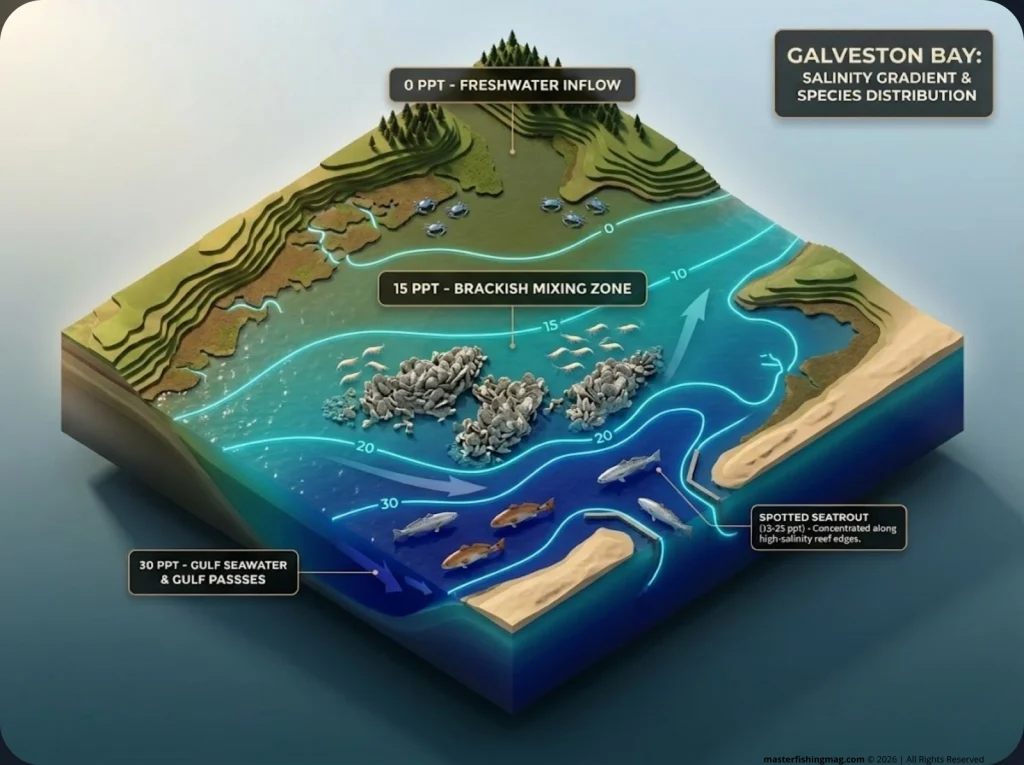 Infographic map showing Galveston Bay salinity gradient with isohaline lines from 0 to 30 ppt and species zones