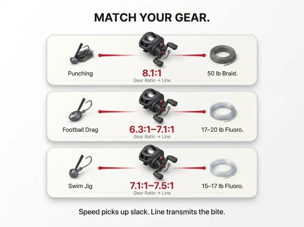 Infographic chart pairing jig fishing style with reel gear ratio and recommended line type and pound test