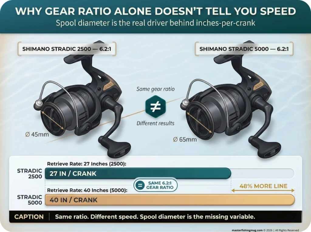 Infographic showing two 6.2:1 reels with different spool sizes comparing retrieve rates: Stradic 2500 at 27in vs 5000 at 40in