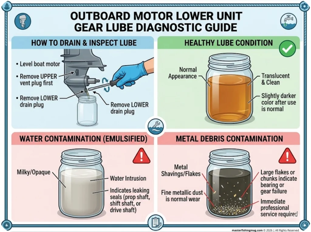 Infographic showing 4-step gearcase oil diagnostic with color-coded drain samples indicating healthy, failed seal, or bearing damage