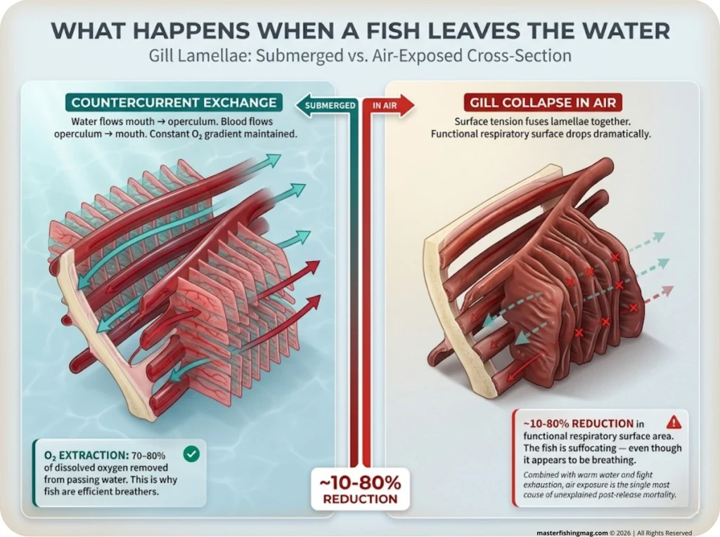 Infographic showing gill lamellae cross-section submerged with open flow versus air-exposed with fused collapsed lamellae