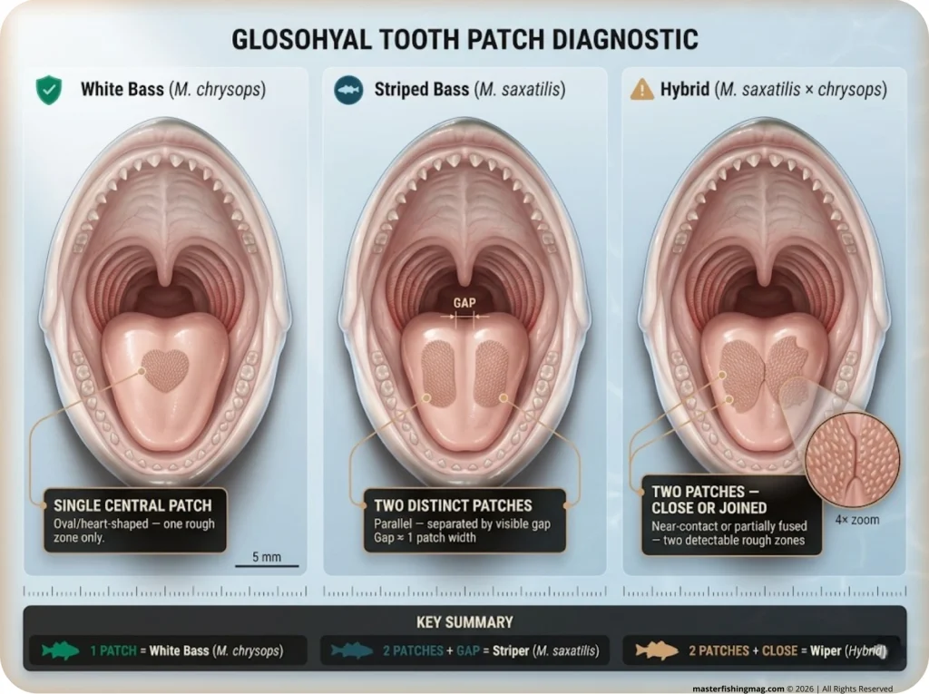 Infographic comparing White Bass, Striped Bass, and Hybrid Bass tongue patch anatomy with labeled glossohyal features and diagnostic markers