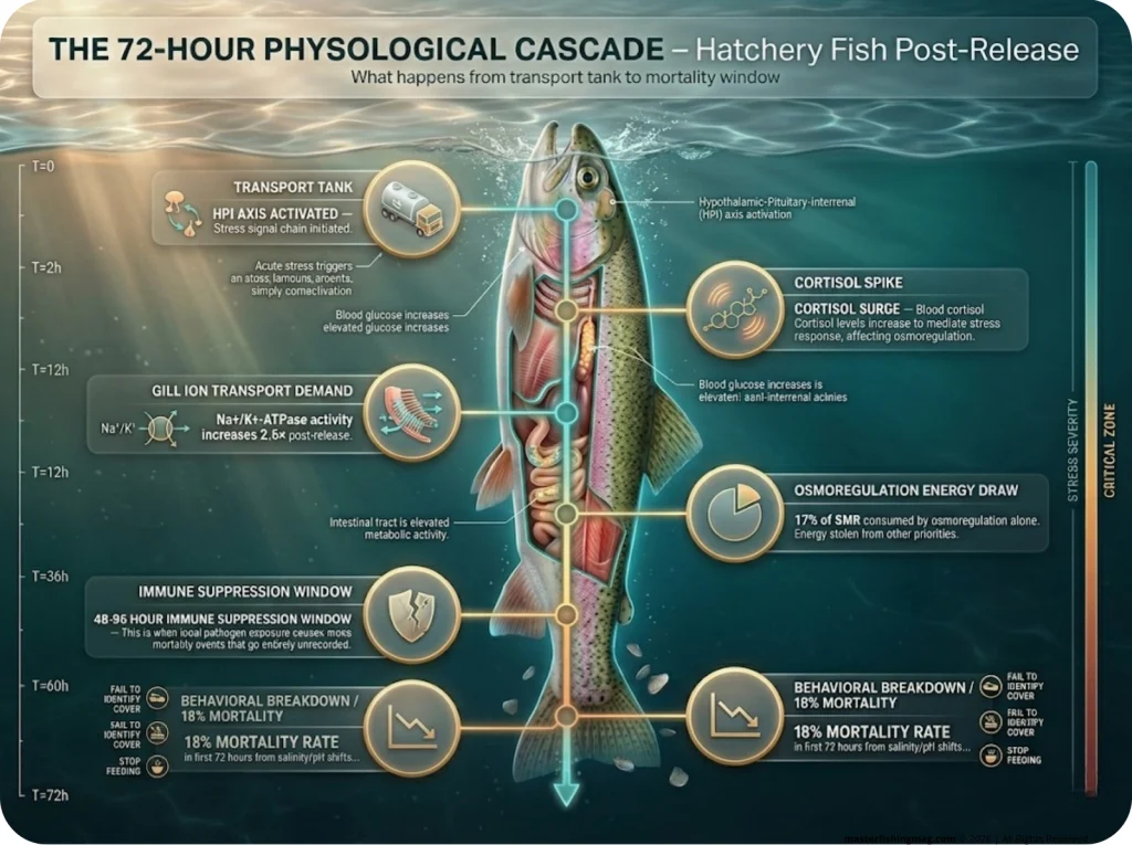 Infographic showing 72-hour physiological cascade in stocked hatchery trout with cortisol data, osmoregulation energy costs, and mortality rates