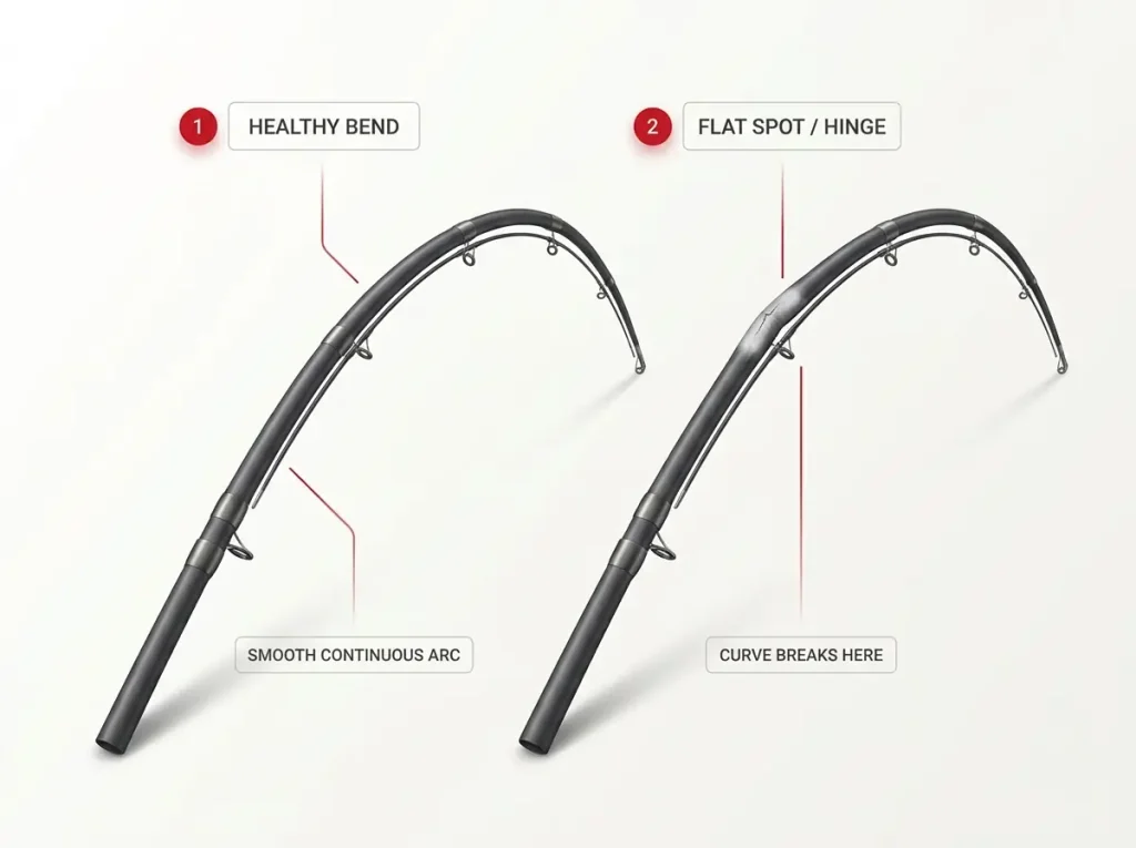 Diagram comparing a healthy fishing rod blank's smooth bending arc to a cracked blank's flat spot and hinge point