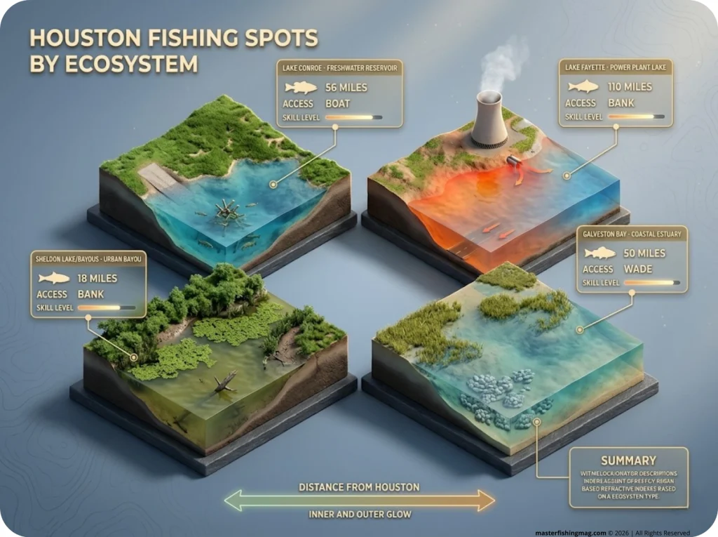 Infographic showing Houston fishing spots comparison matrix with distance, species, access types, and skill levels