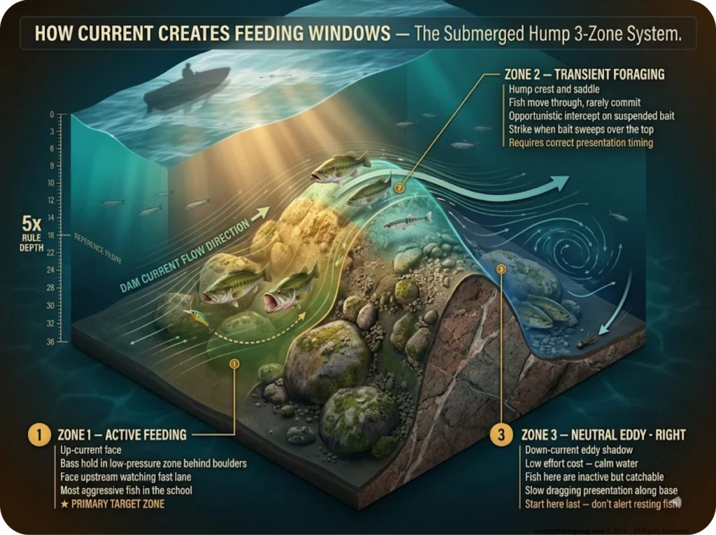 Infographic showing 3D submerged hump cross-section with three current zones, bass behavior, water flow arrows, and lure presentation angles