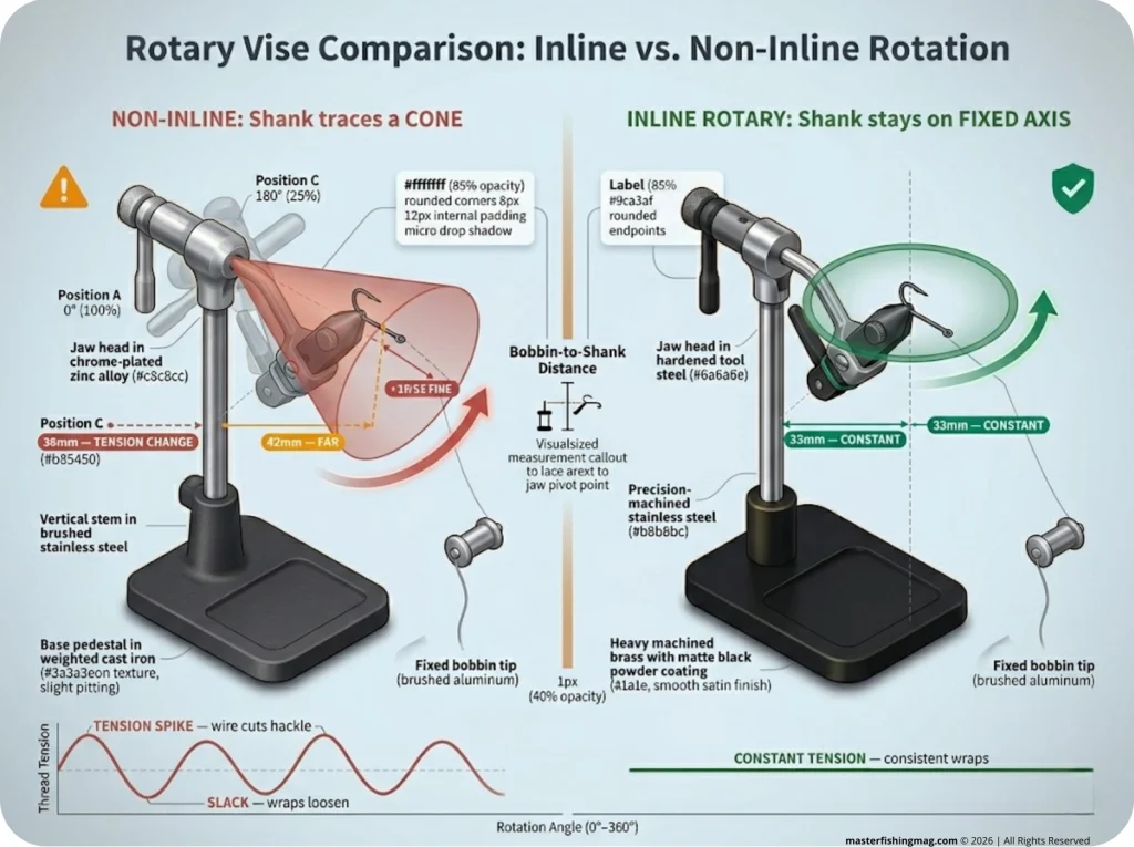Infographic comparing non-inline vise cone rotation vs true inline rotary vise with labeled bobbin distances at 0°, 90°, 180°