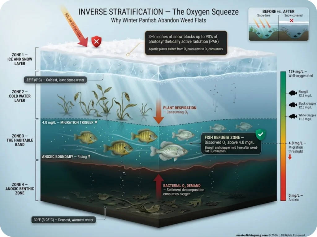 Infographic showing inverse-stratified winter lake cross-section with oxygen zones, temperature layers, and fish migration triggers
