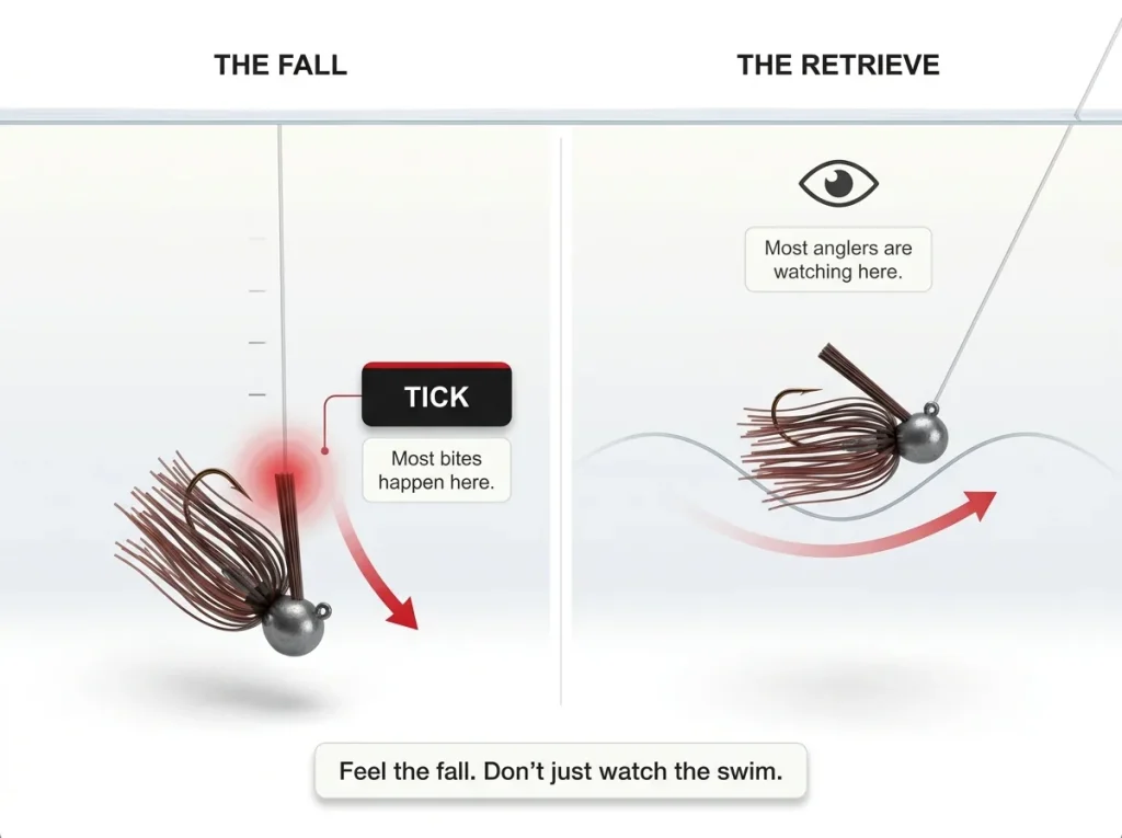 Diagram showing where bass strike a jig during the fall phase versus the retrieve, with a tick mark on the drop