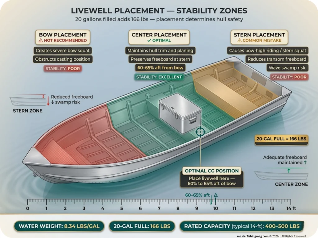 Infographic showing top-down jon boat schematic with livewell placement zones, center-of-gravity marker, and color-coded stability ratings