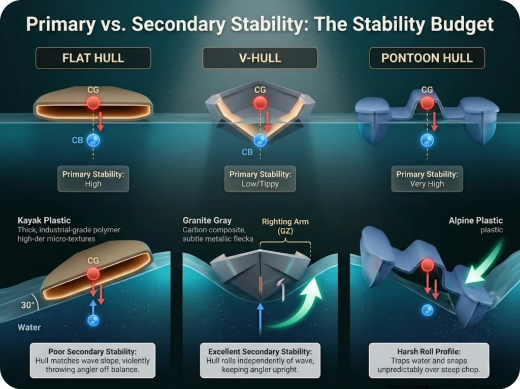 Infographic showing Flat, V-hull, and Pontoon kayak cross-sections in flat water and waves with buoyancy righting moments