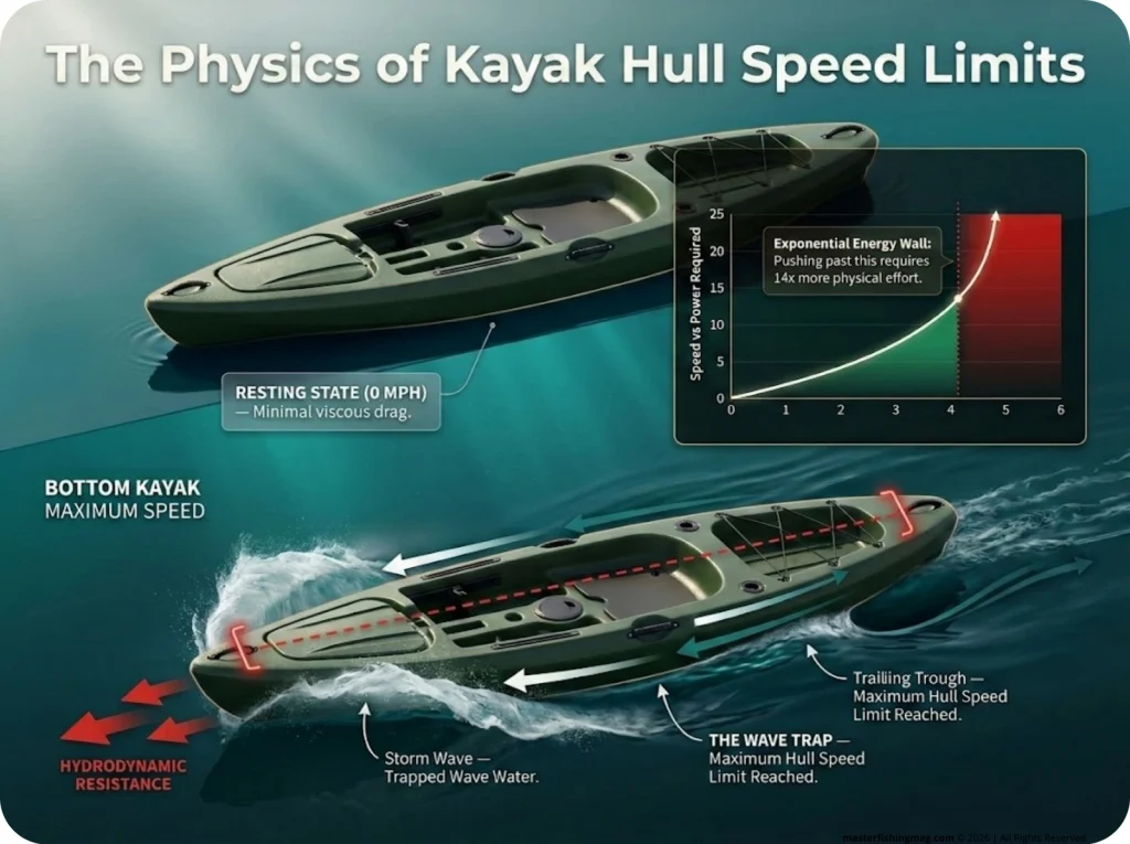 Infographic comparing a resting kayak to one at maximum hull speed with bow and stern waves, showing exponential power graph