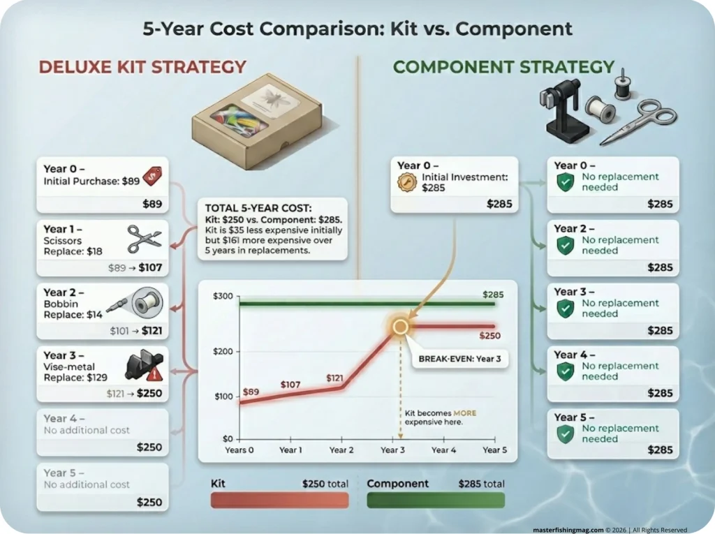 Infographic showing 5-year cost comparison of fly tying kit vs component setup with cumulative cost lines and crossover point
