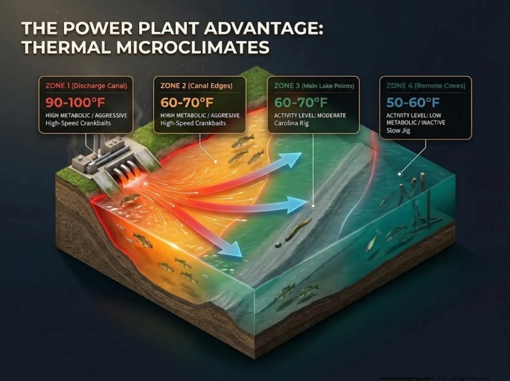 Infographic showing Lake Fayette thermal zones with color-coded temperatures and bass activity levels