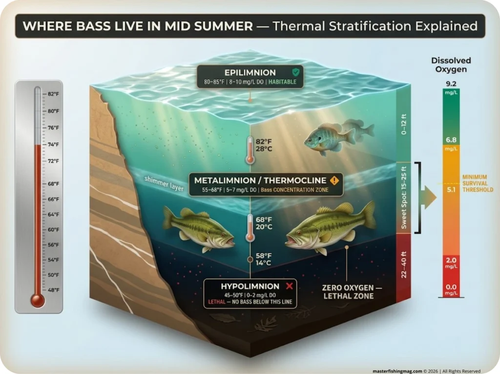 Infographic showing lake cross-section with epilimnion, thermocline, and hypolimnion zones, bass positioning, temperature gradient, and dissolved oxygen levels