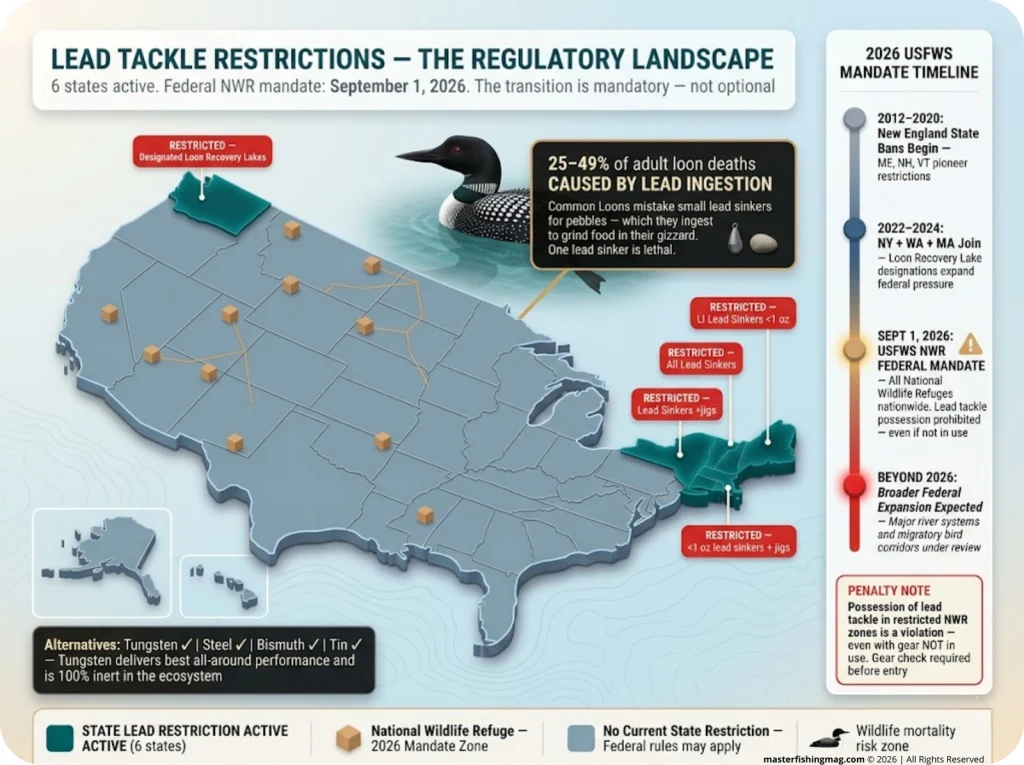 Infographic US map showing 6 states with active lead tackle restrictions, 2026 USFWS mandate timeline, and loon mortality statistic