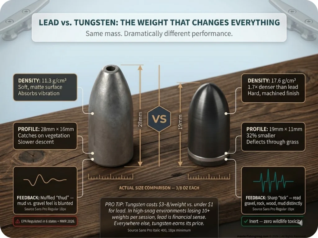 Infographic comparing 3/8 oz lead vs tungsten bullet weights showing size, density, and acoustic feedback differences with labels