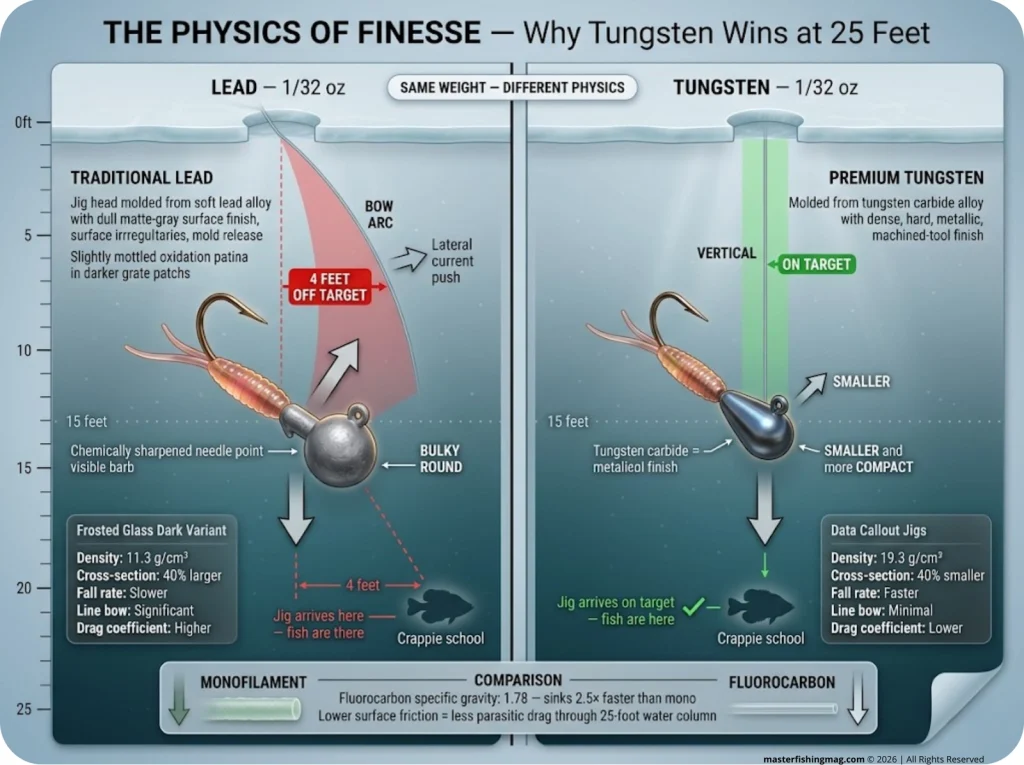 Infographic comparing lead and tungsten jig fall dynamics through 25 feet of water with drag force and line-bow analysis