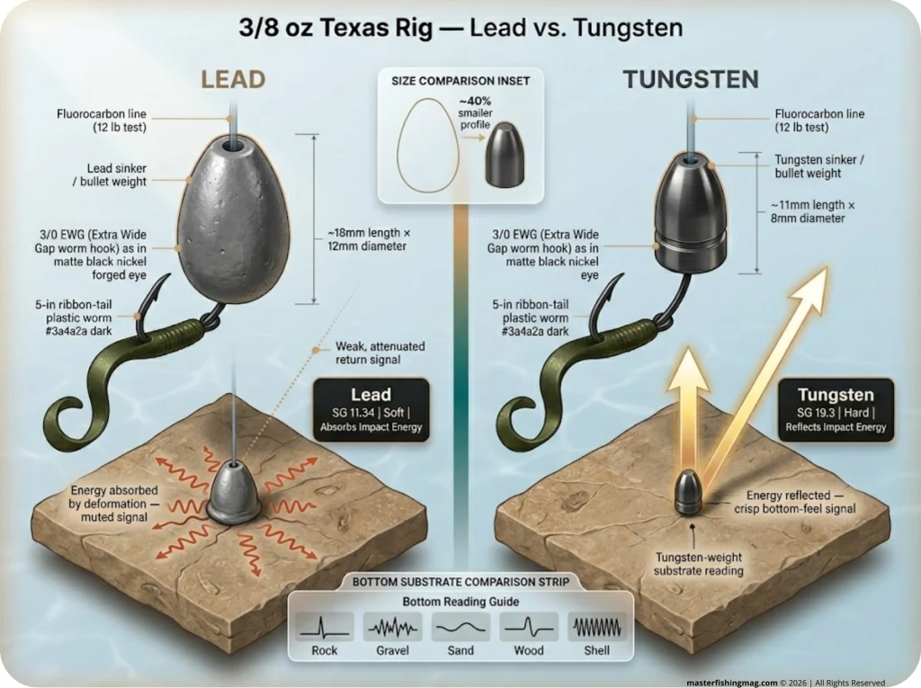 Infographic comparing lead vs tungsten Texas rig weights showing size difference and energy transfer on rock impact