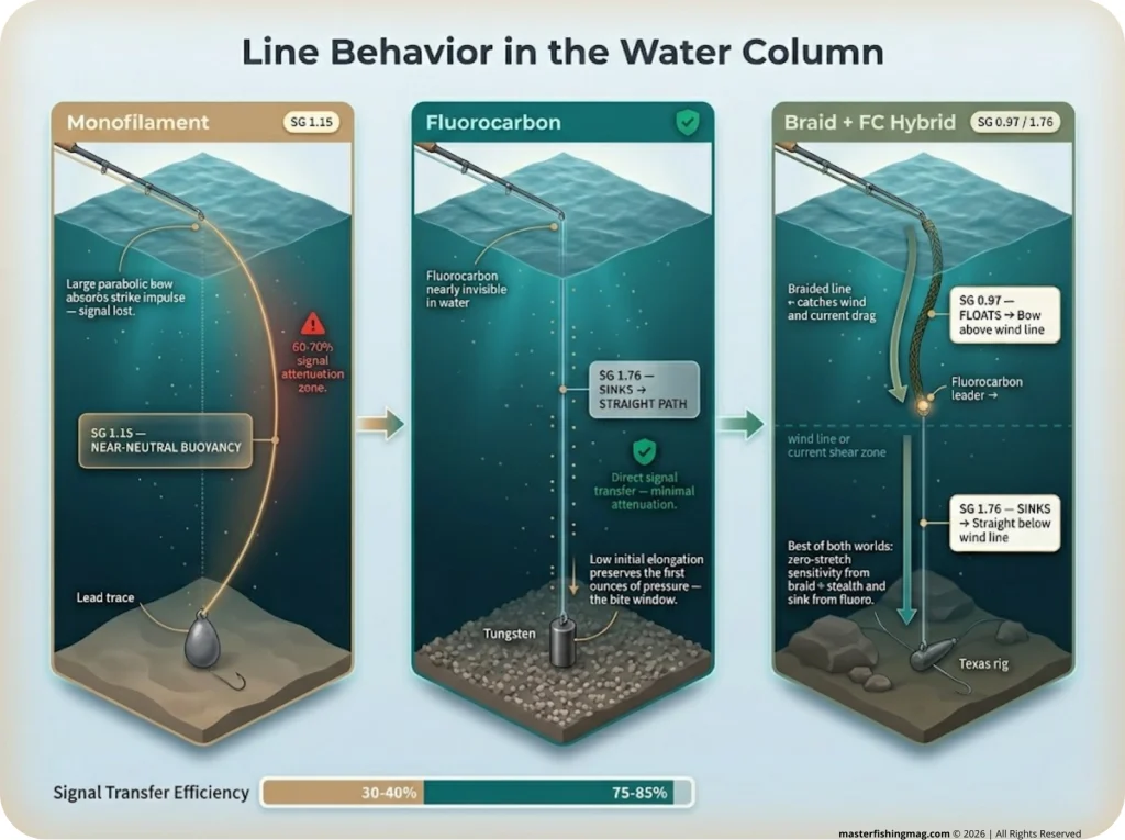 Infographic comparing mono, fluorocarbon, and braid-FC line behavior in water column with specific gravity labels
