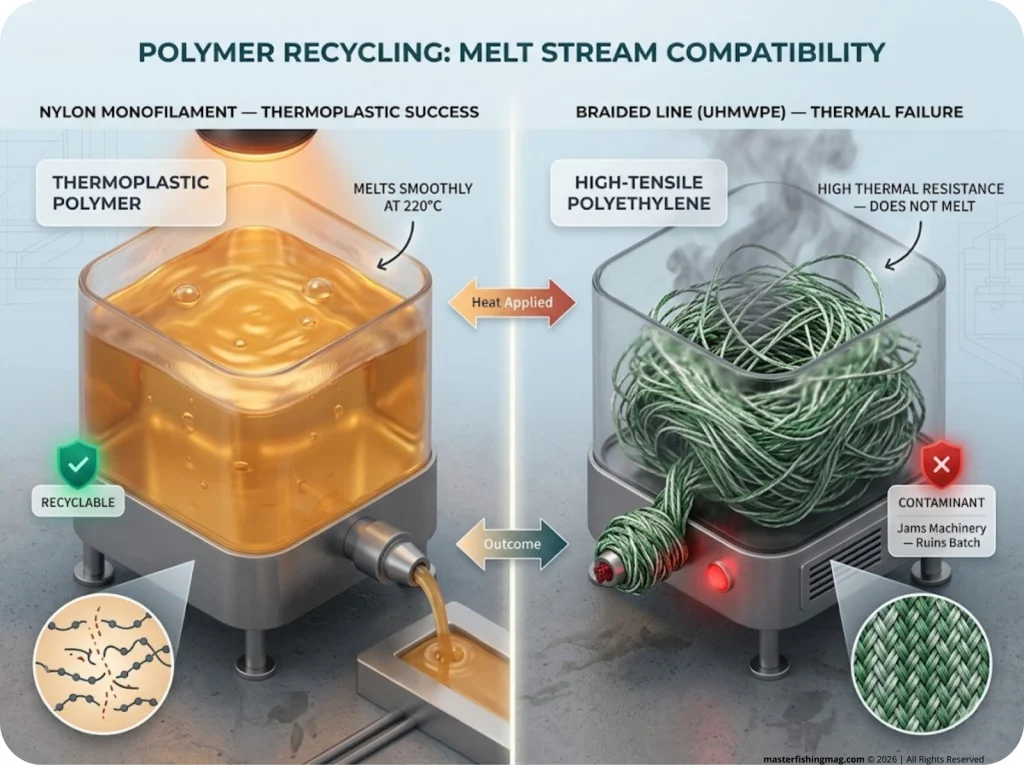 Infographic comparing monofilament melting vs braided line jamming in a recycling vat with labeled thermal properties