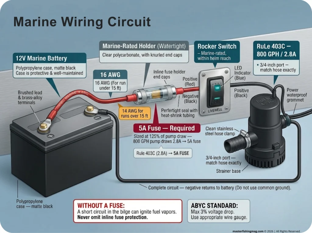 Infographic showing 12V livewell wiring diagram battery to fuse to switch to pump with wire gauge callouts and fuse size recommendations