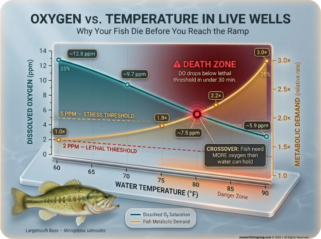 Infographic showing dissolved oxygen decline and fish metabolic demand rising with temperature, with death zone highlighted above 80°F