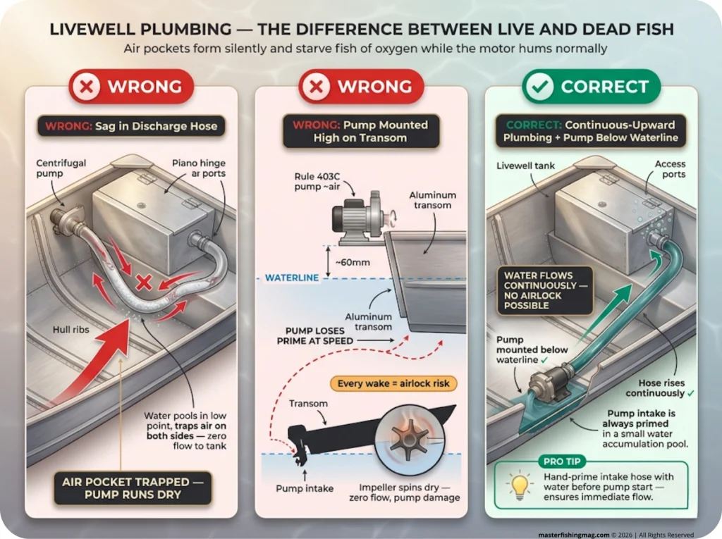 Infographic comparing wrong livewell plumbing setups with air pocket failures vs correct continuous-upward routing and pump placement