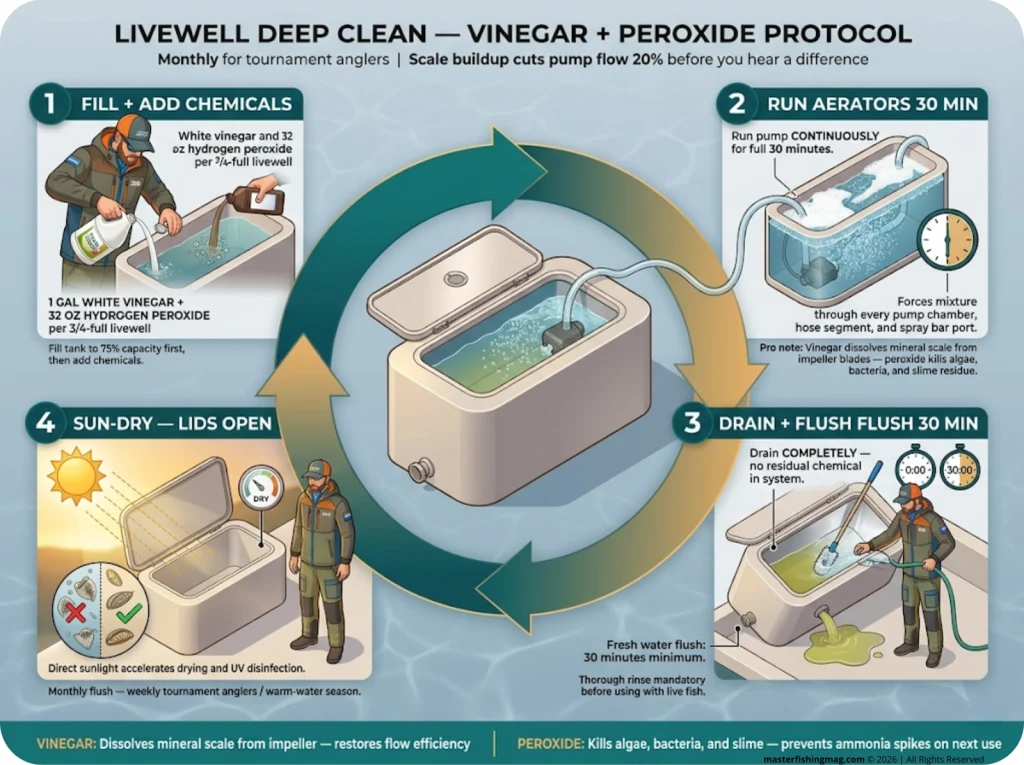 Infographic showing 4-step circular livewell cleaning process with vinegar and peroxide ratios, run times, and drain flush instructions