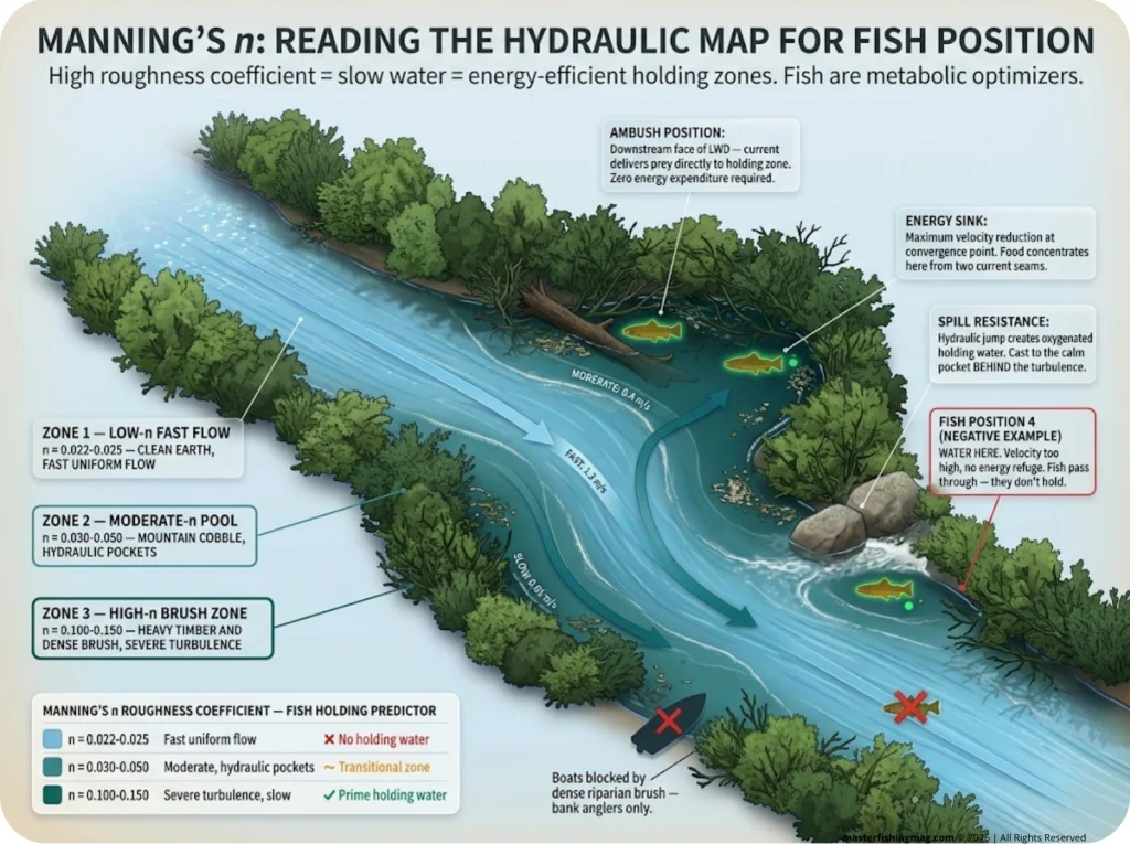 Infographic showing aerial stream diagram with color-coded Manning's n zones, fish position icons, and flow velocity legend