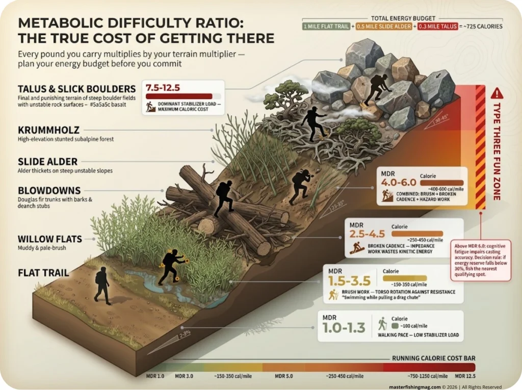 Infographic showing six terrain types with MDR multiplier values, calorie cost bars, and Type Three Fun Zone warning