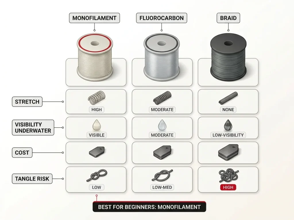 Comparison infographic of monofilament, fluorocarbon, and braided fishing line across stretch, visibility, cost, and tangle risk